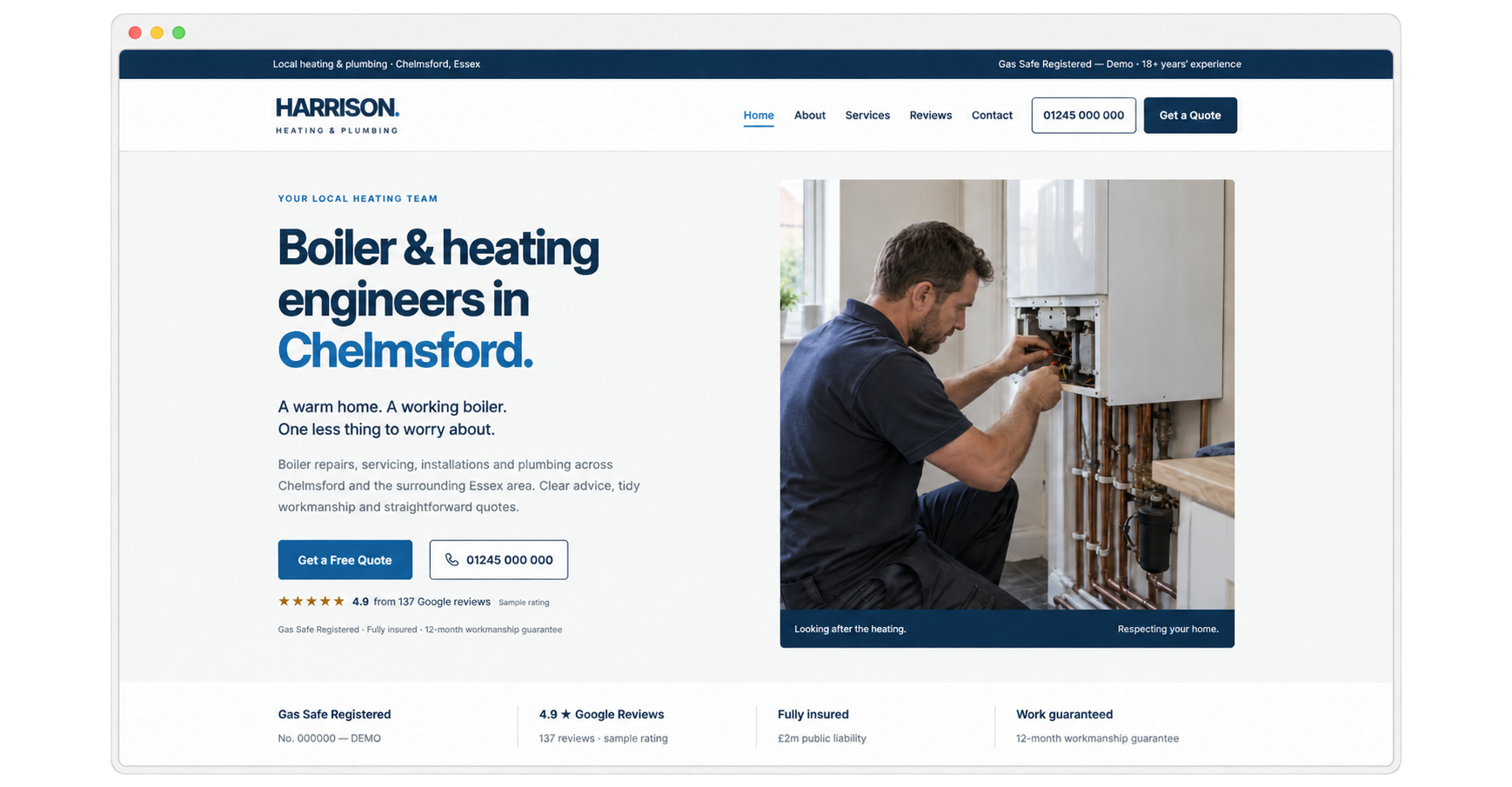 Harrison Heating and Plumbing demonstration homepage for a local heating business in Chelmsford, Essex